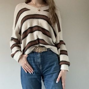 American Eagle Oversized Striped Sweater - Cream, Brown, Dark Grey